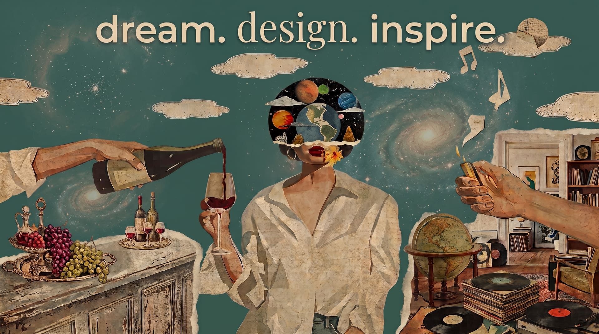 Dream. Design. Inspire. — a surreal vintage collage for Think X Design Media, a Vancouver Island studio for web design, apps, and AI.